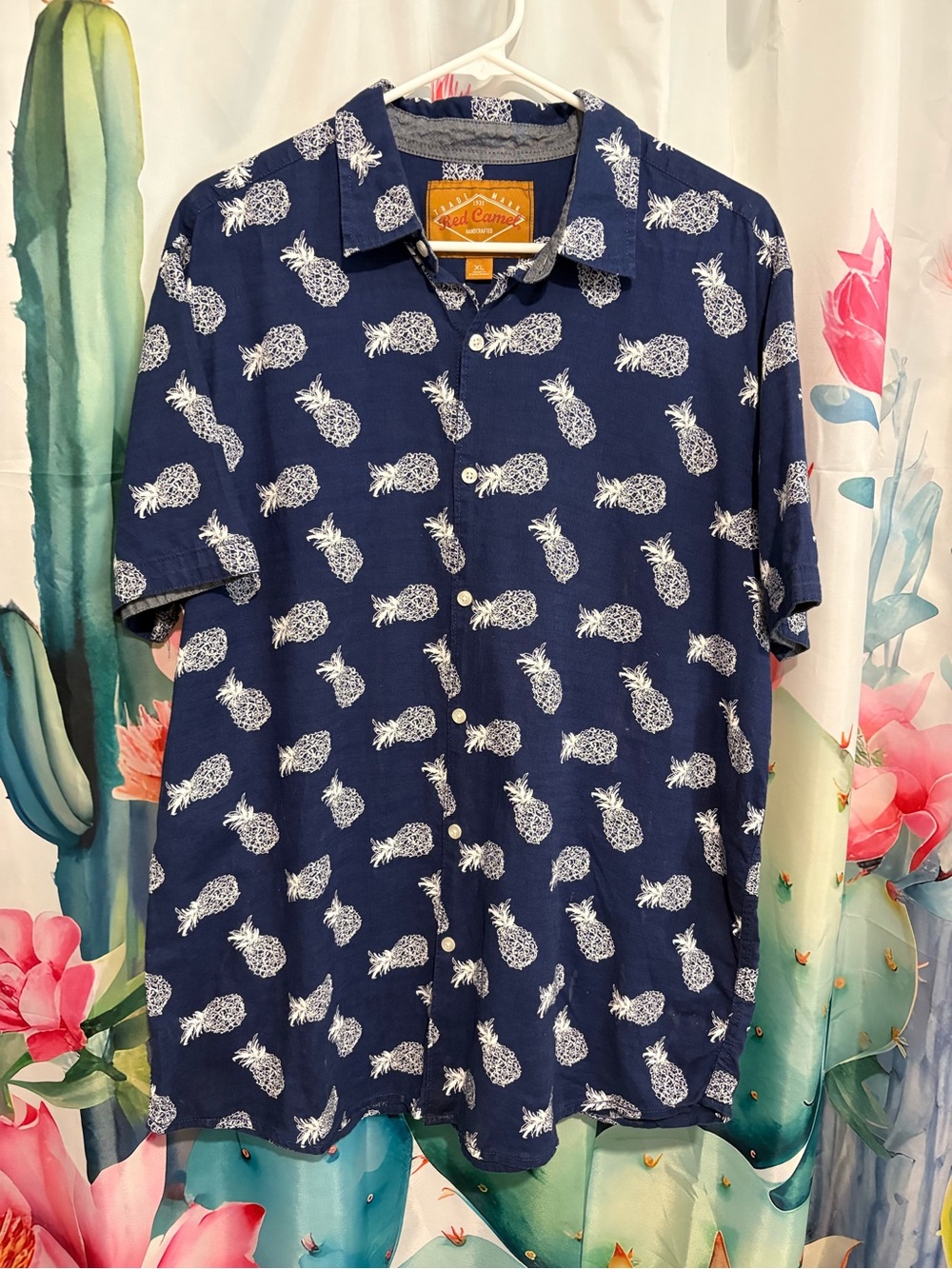 Red Camel Men's Woven Cotton Pineapple Short Sleeve Button-Up Shirt Blue XL